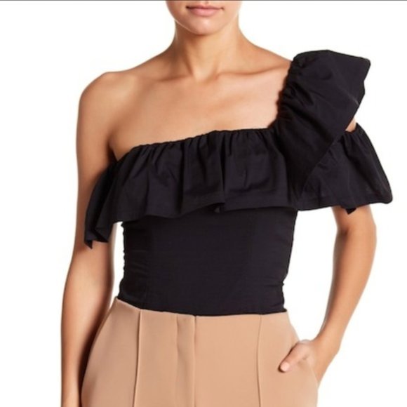 Kendall & Kylie Tops - Kendall & Kylie Black Ruffle One Shoulder Bodysuit Size XS